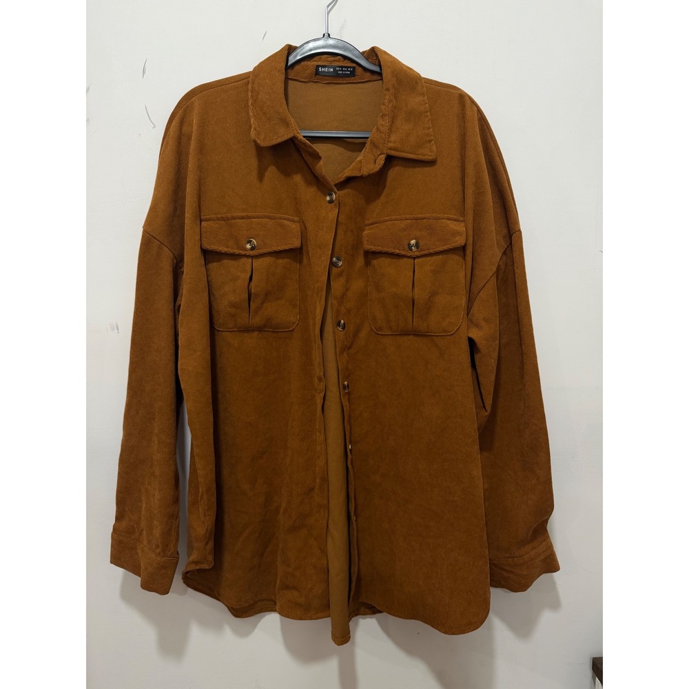 SHEIN Womens XL Corduroy Button Down Shirt Brown Oversized Shacket Long Sleeve